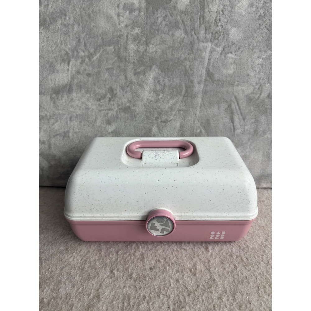 Vintage Caboodles Makeup Organizer Pink White Speckled Mirror Vanity Case 90s